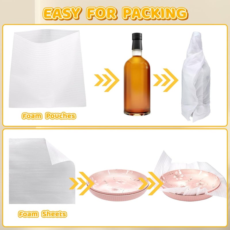 VIOBEPASS 160 Pcs Packing Moving Foam Pouches & Sheets, 5 Sizes Cushion Foam Wrap Pouches with Fragile Stickers for Protect Dishes Cup Glasses Storage Supplies (7.8X7.8", 7.8X12", 12X12", 14X14", 16X16") - Image 4